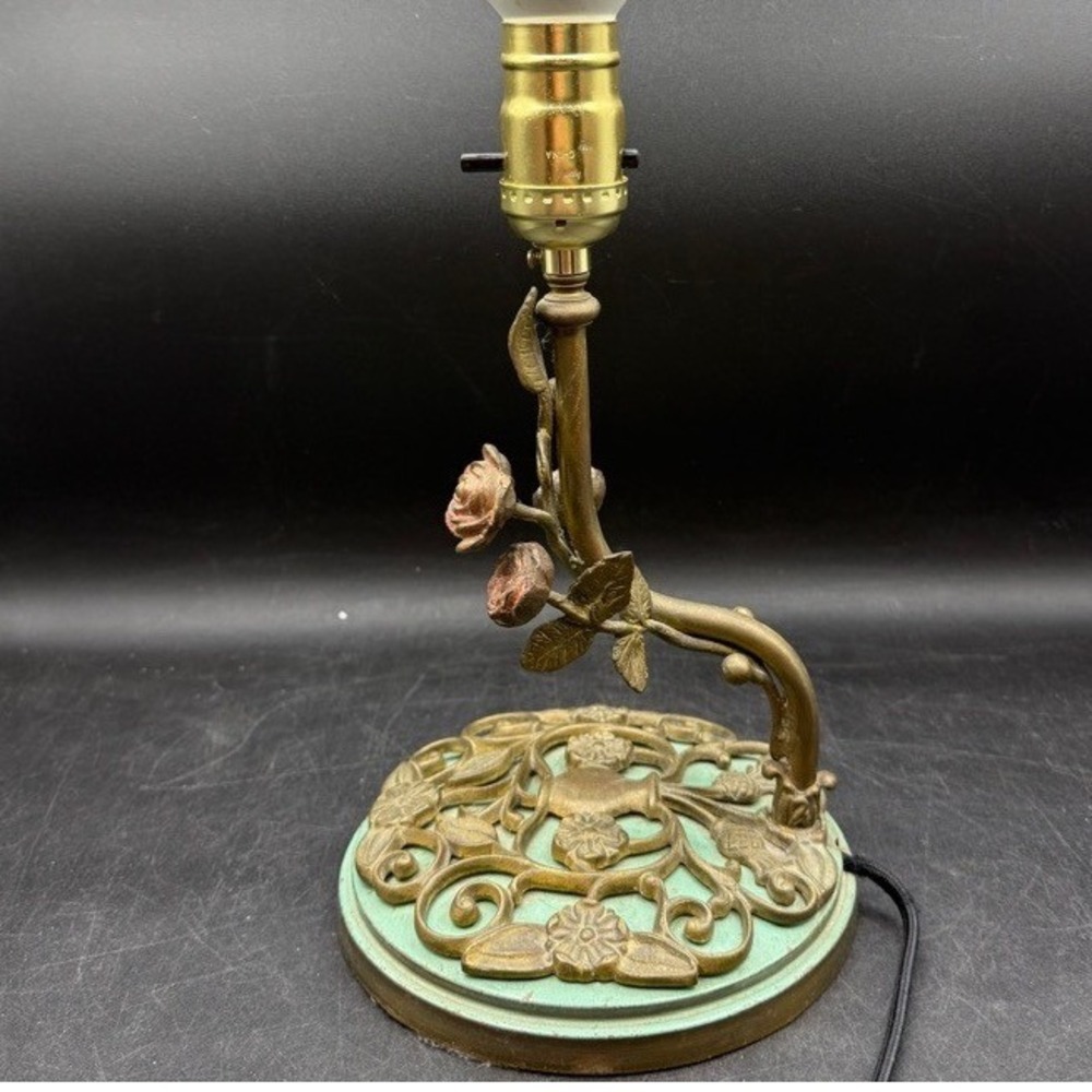 Vintage Art Deco Brass Green Rose Table Lamp Home Fairy Floral Verdigris Cottage - Picture 10 of 12